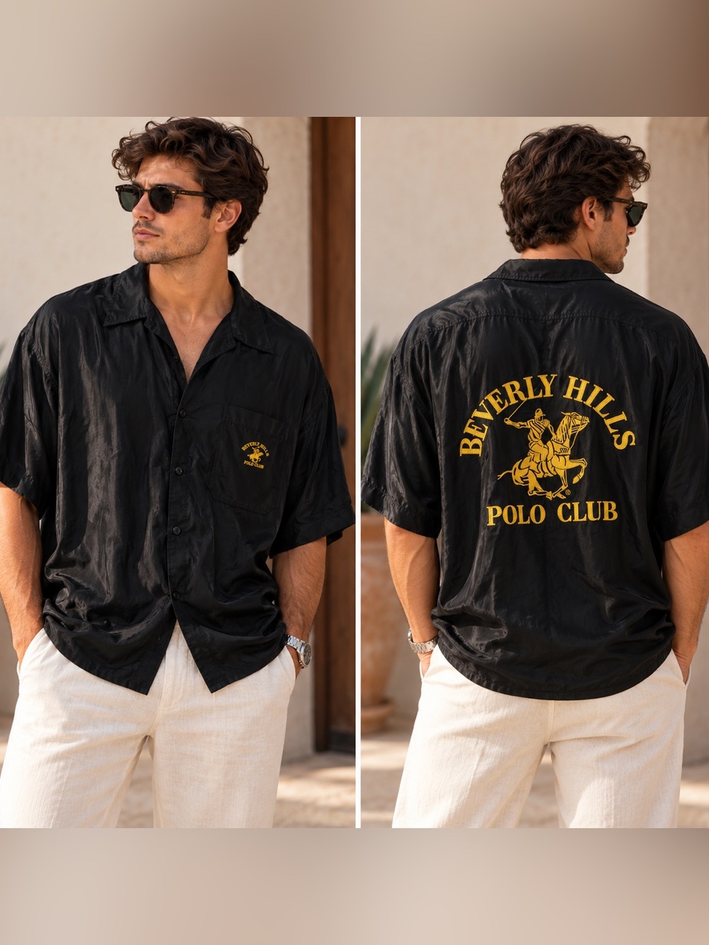 Vintage Beverly Hills Polo Club 100% Silk Black Button Down Shirt XL Oversized